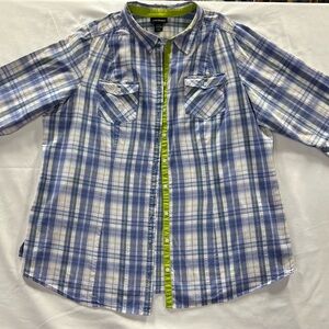 Lane Bryant Women’s Button Down Blue and Green Plaid Blouse With Front Pockets
